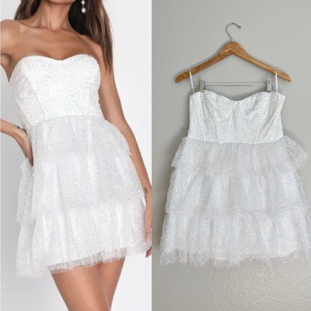 White Iridescent Sequin Strapless Mini Dress XL